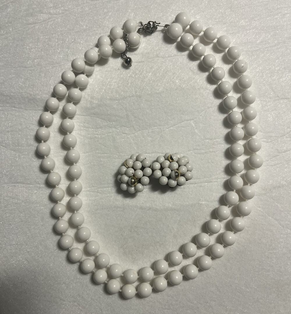 Vintage White Beaded Double Strand Necklace Cluster Clip On Earrings Set